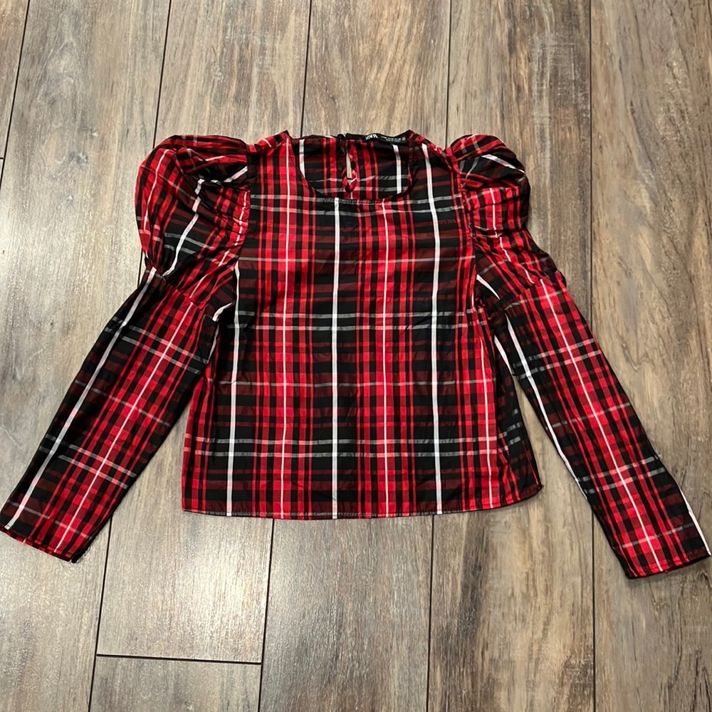 Zara Plaid Puff Sleeve Long Sleeve Top